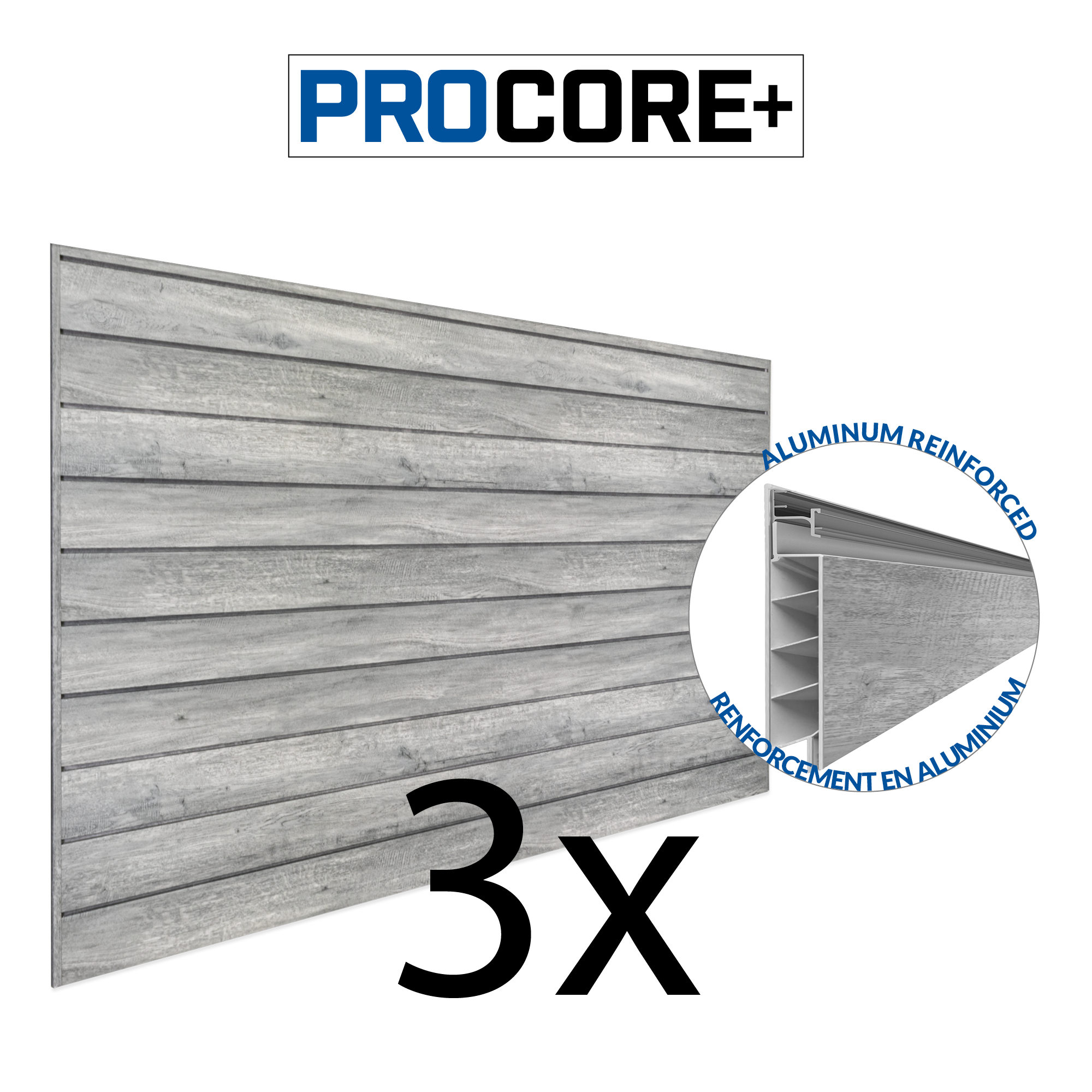 4 ft. x 8 ft. PROCORE PLUS Gray Wood PVC Slatwall – 3 Pack 96 sq ft