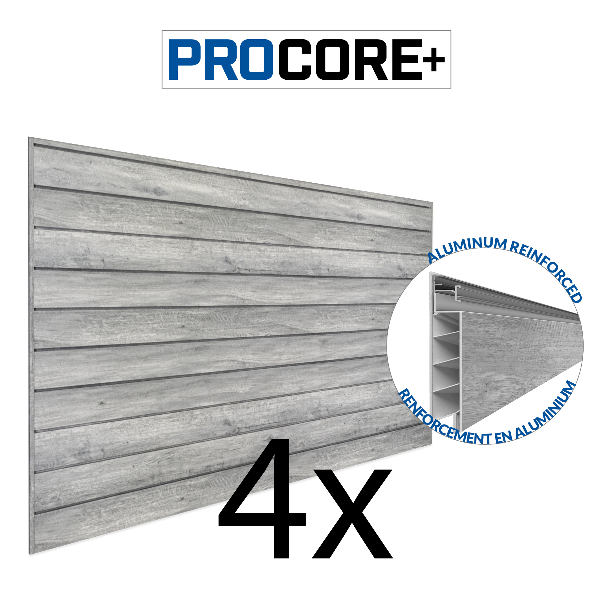 4 ft. x 8 ft. PROCORE PLUS Gray Wood PVC Slatwall – 4 Pack 128 sq ft