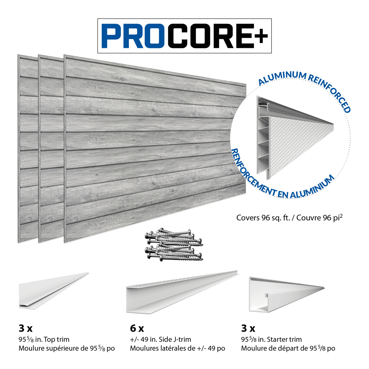 4 ft. x 8 ft. PROCORE PLUS Gray Wood PVC Slatwall – 3 Pack 96 sq ft