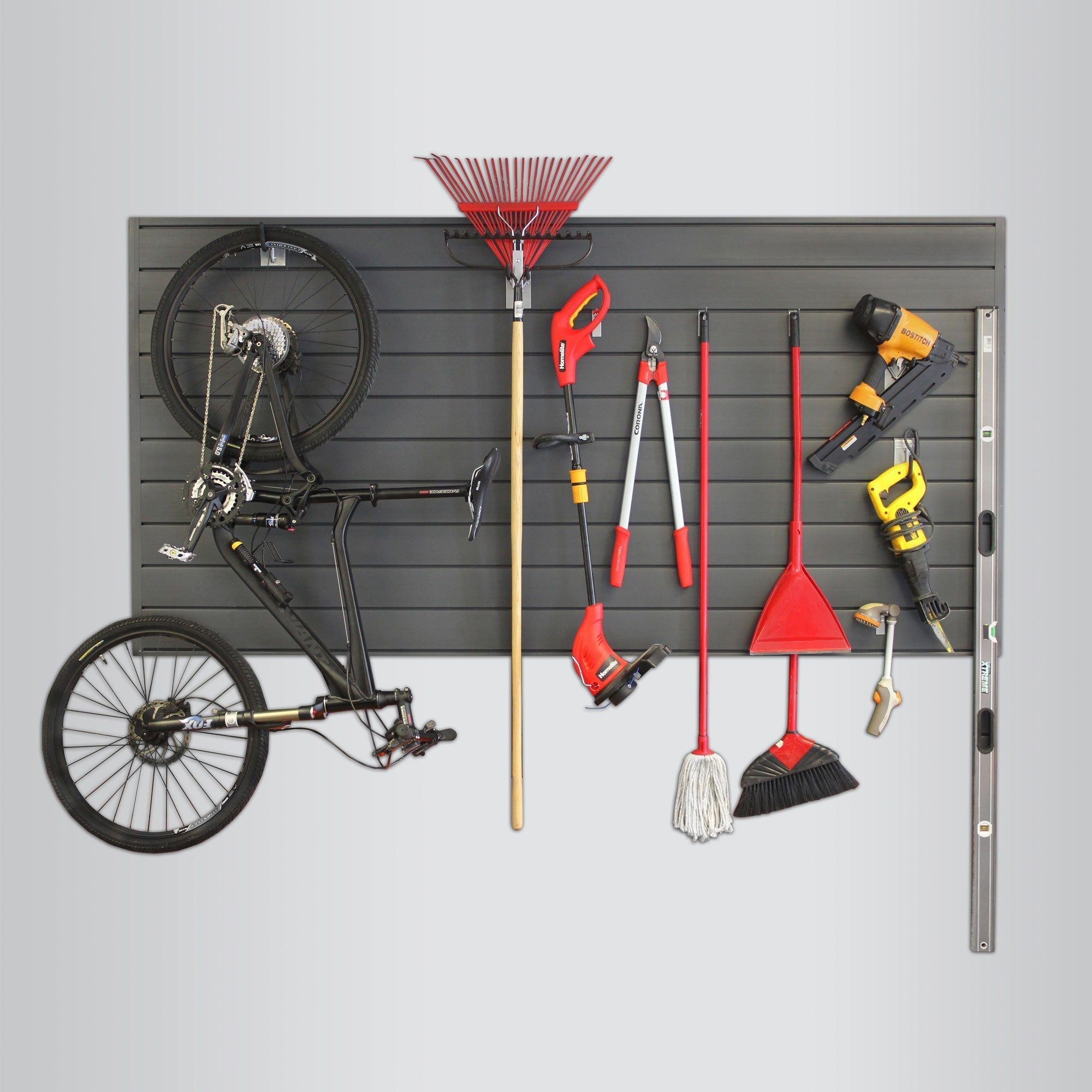 Best Slatwall garage storage system. Durable PVC. Strong Slatwall with a lifetime warranty. 4x8 ft Slatwall Section. Charcoal Slatwall. Charcoal Slat board . Perfect for garage tool storage. Garage wall organization. Tool storage. Ladder hook. Sports hook.