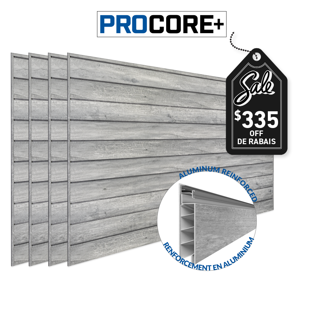 4 ft.  x 8 ft. PROCORE PLUS Gray Wood PVC Slatwall – 4 Pack 128 sq ft