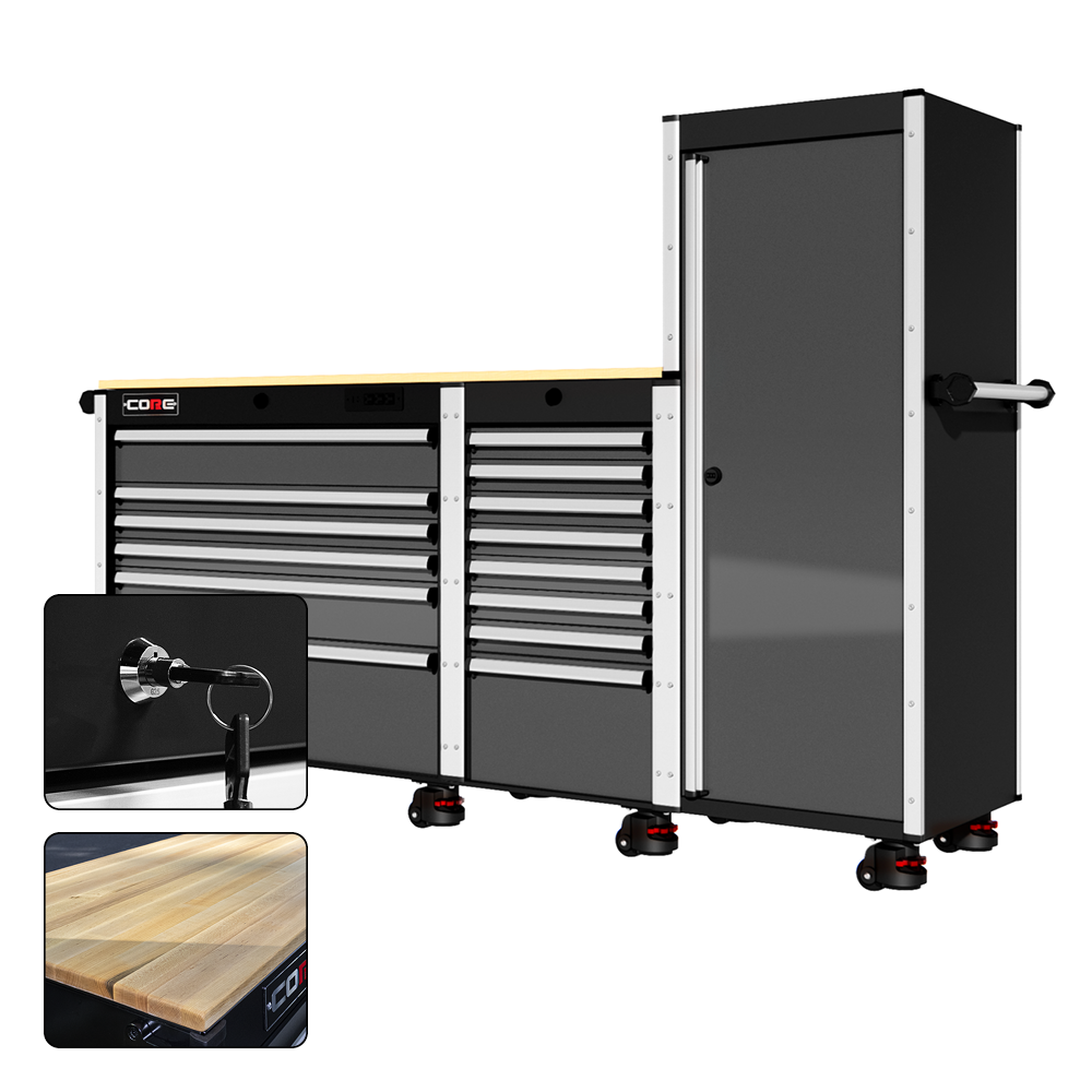 88 Series - 13 Drawers with Tall Locker - Silver Handles - Foot Casters