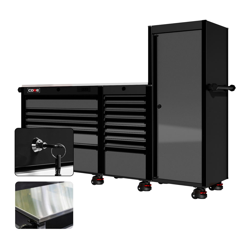 88 Series - 13 Drawers with Tall Locker - Black Handles - Foot Casters