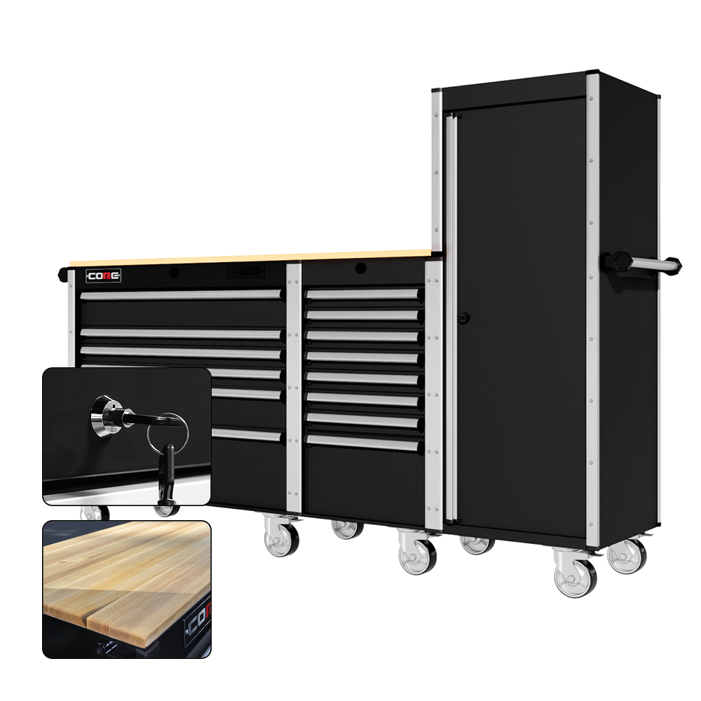 88 Series - 13 Drawers with Tall Locker - Silver Handles - Foot Casters