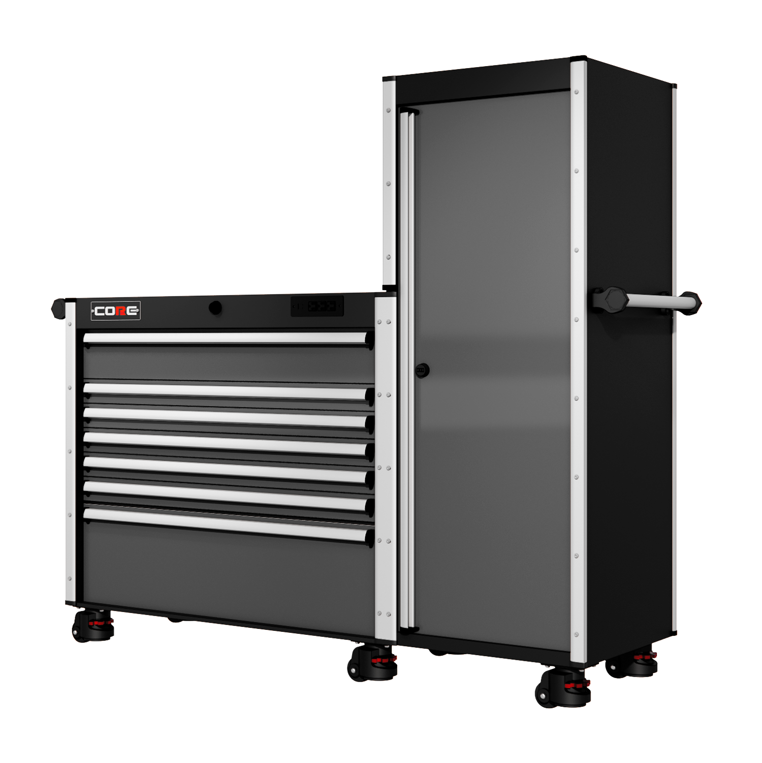 66 Series - 7 Drawers and Tall Locker - Silver Handles - Foot Casters