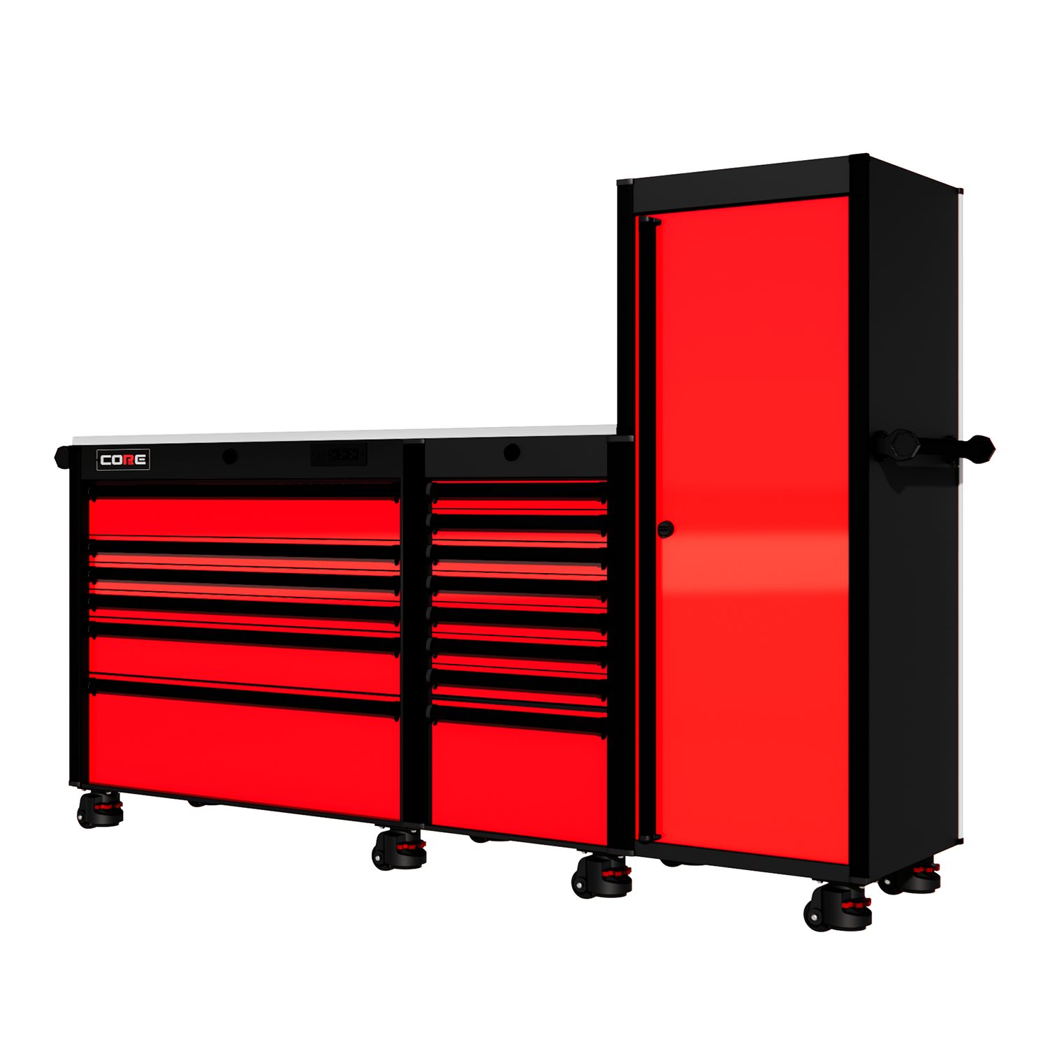 88 Series - 13 Drawers with Tall Locker - Black Handles - Foot Casters